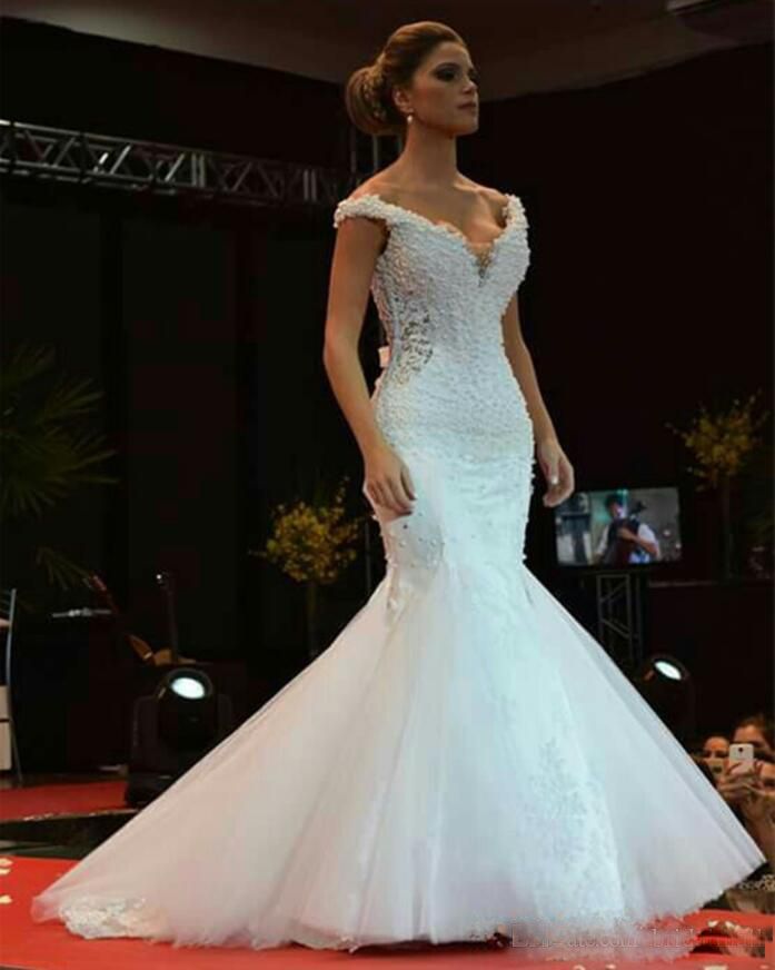 Compra 2019 Vestidos Elegantes De Boda Moldeado De La Sirena Con Las Perlas  Fuera De Los Hombros Para Arriba Detrás De La Envoltura De La Boda Vestidos  De Novia Encaje Para La