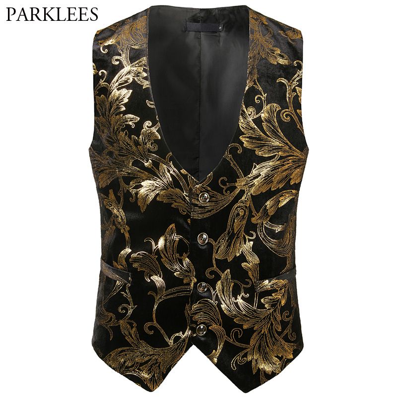 2020 Wholesale Gold Vest Men Shiny Bronzing Floral Waistcoat 2018 Brand ...