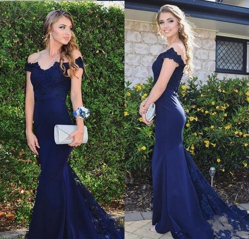 Compra Elegantes Vestidos Largos De Noche Azul Marino 2018 Apliques De  Encaje Fuera Del Hombro Barrer Tren Vestidos De Fiesta De Gasa Vestido  Formal Para Ocasiones Especiales Barato | Entrega Rápida Y
