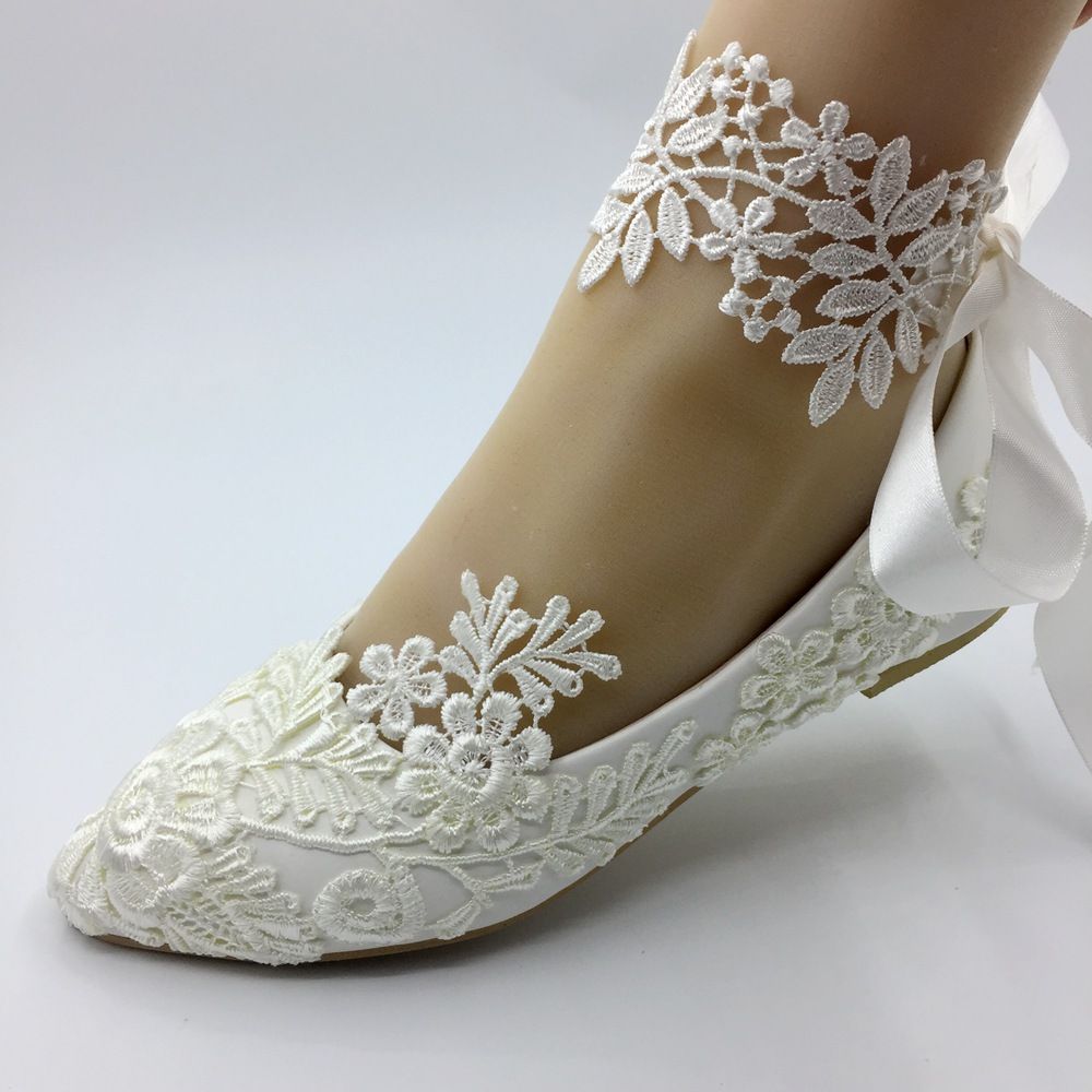 Handmade White Lace Wedding Flat Shoes Women Flat Bride Shoes
