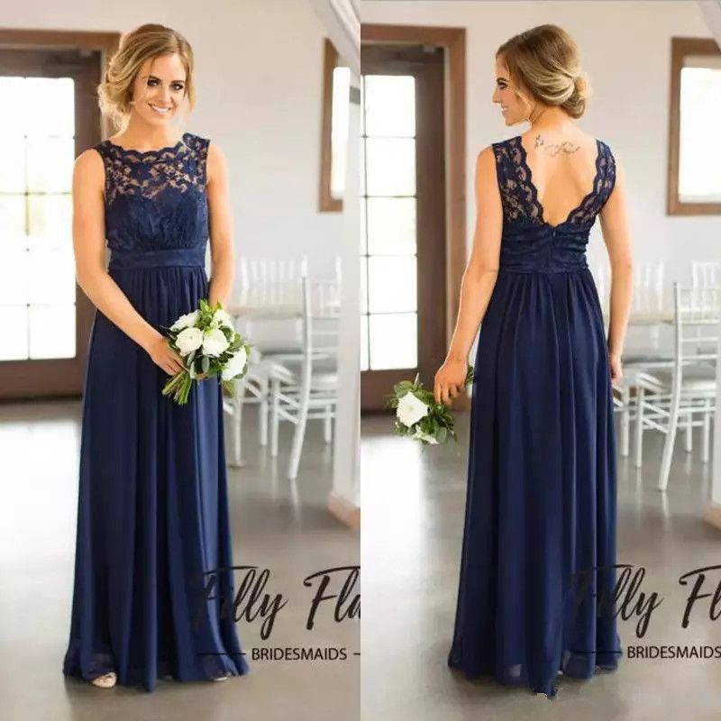Compre Azul Marino De Encaje Vestidos De Dama De Los Vestidos De Fiesta De Boda Boda Del Pais Joya Largo De La Gasa De Bohemia De Playa Del Verano Por Encargo A