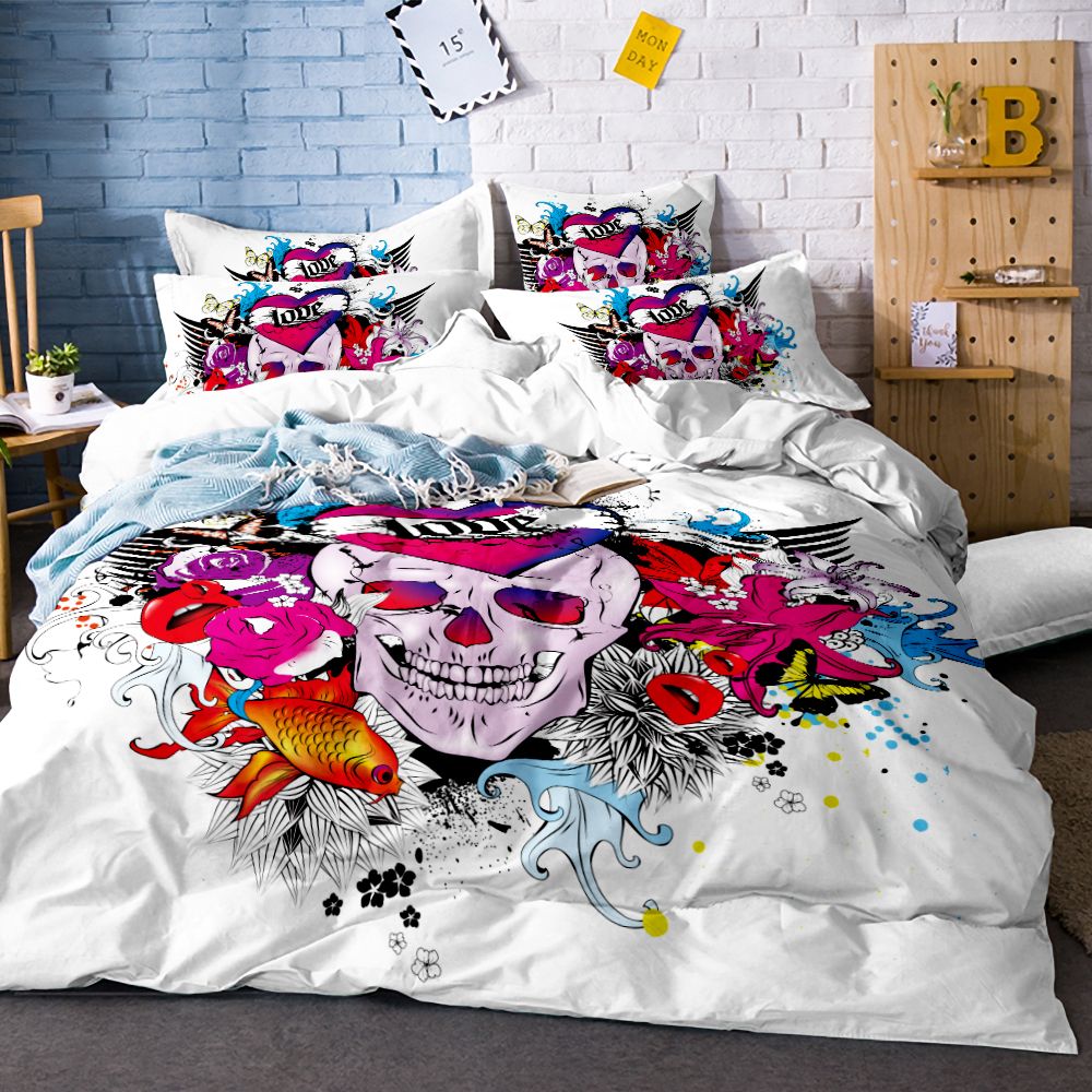 Cartoon Skull Red Rose Fish Duvet Cover White Bedding Set Soft