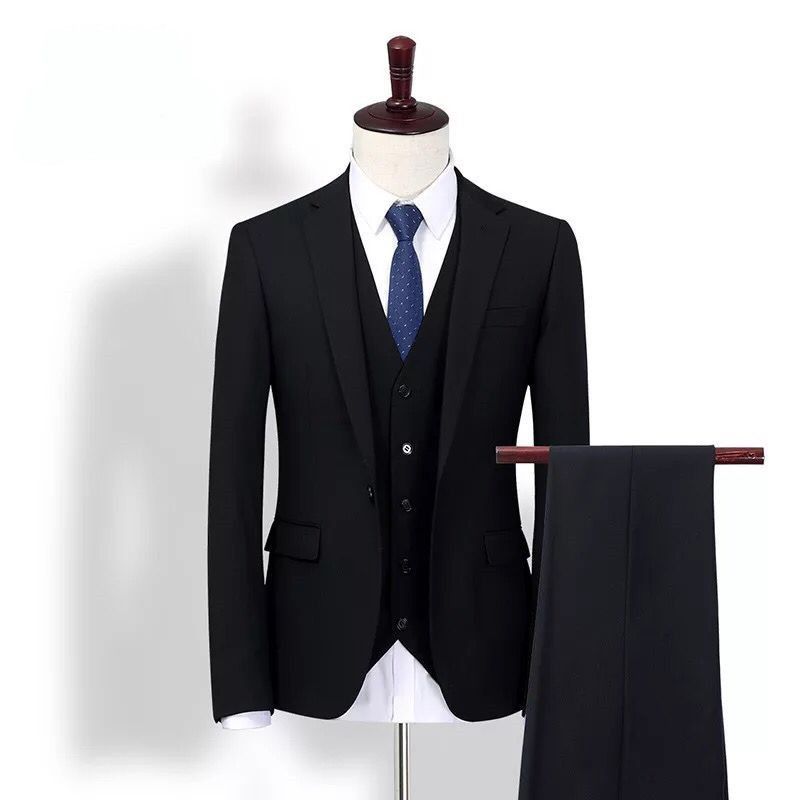 Custom Black Single Button Mens Suit Three Piece Suit Jacket + Pants ...