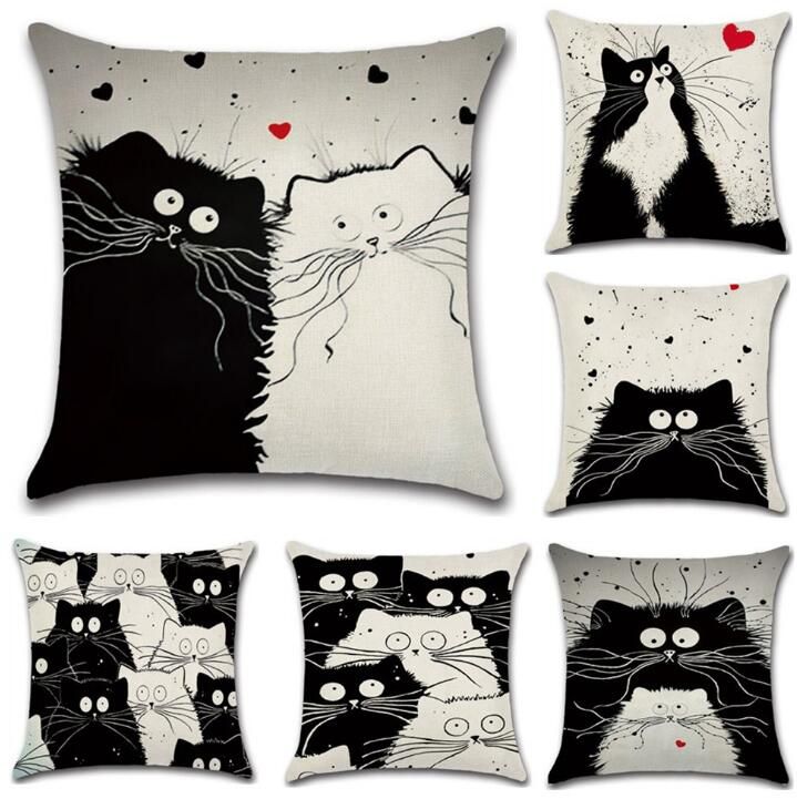 black and white cat pillow