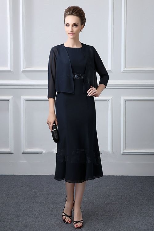 Chiffon Mother of The Bride Dresses Tea Length Two Pieces with Jacket Chiffon Mother of The Bride Dresses Tea Length Two Pieces with Jacket