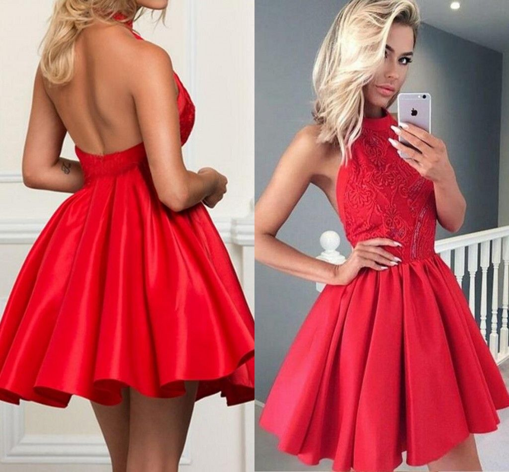 Red Appliques Satin Homecoming Dresses 2019 Sexy Halter Neck