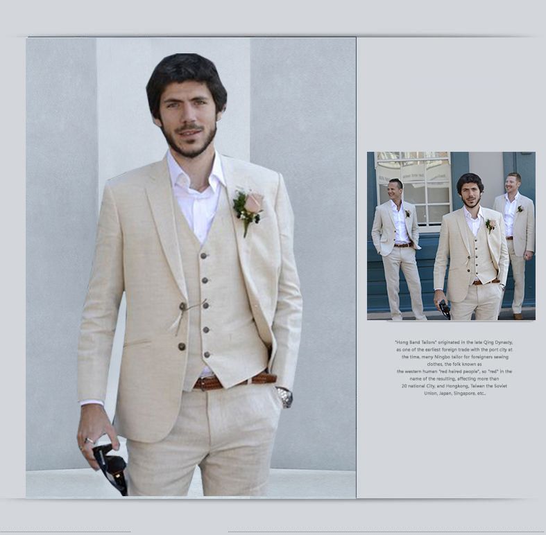 Summer Beige Linen Beach Mens Suits Wedding Suits For Men