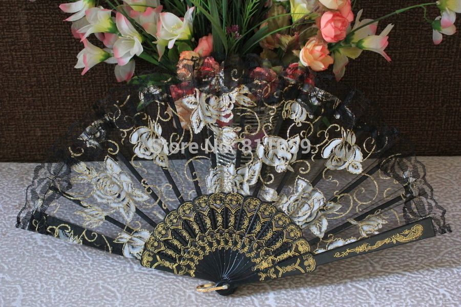 Spanish Style Rose Flower Design Plastic Frame Lace Hand Fan Craft