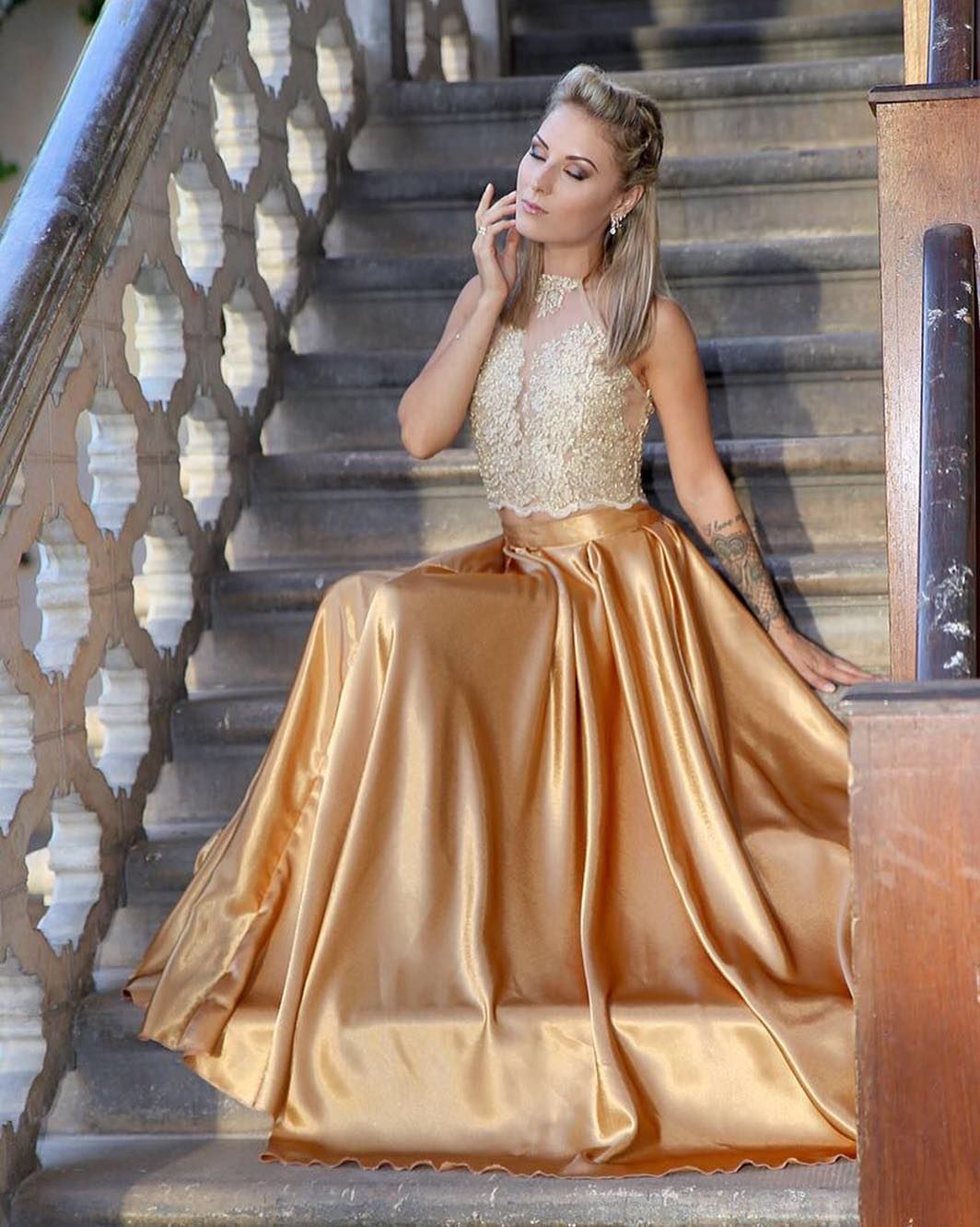 2 piece gold prom dress
