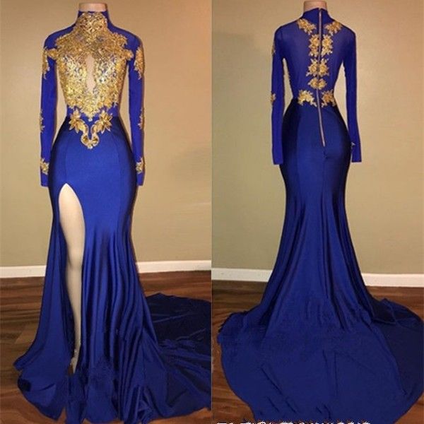 Royal Blue High Neck Mermaid Prom Dresses 2020 Long Sleeves Side