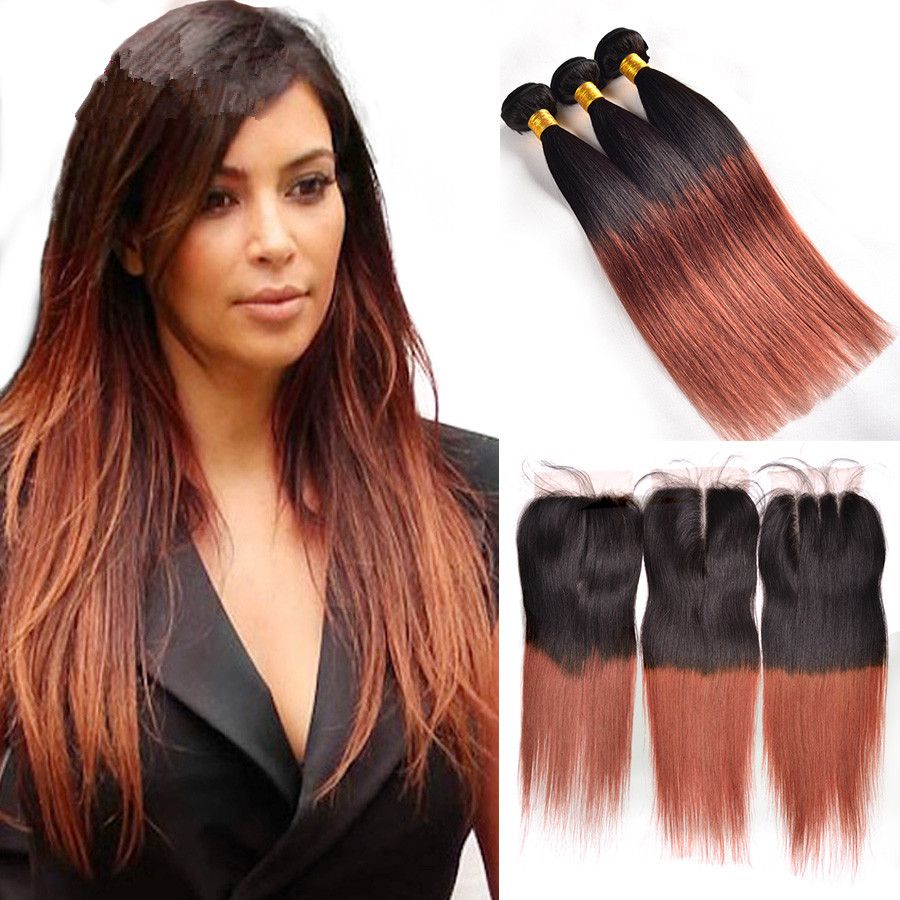 2019 1b 33 Ombre Brazilian Hair Bundles With Straight Lace Closure