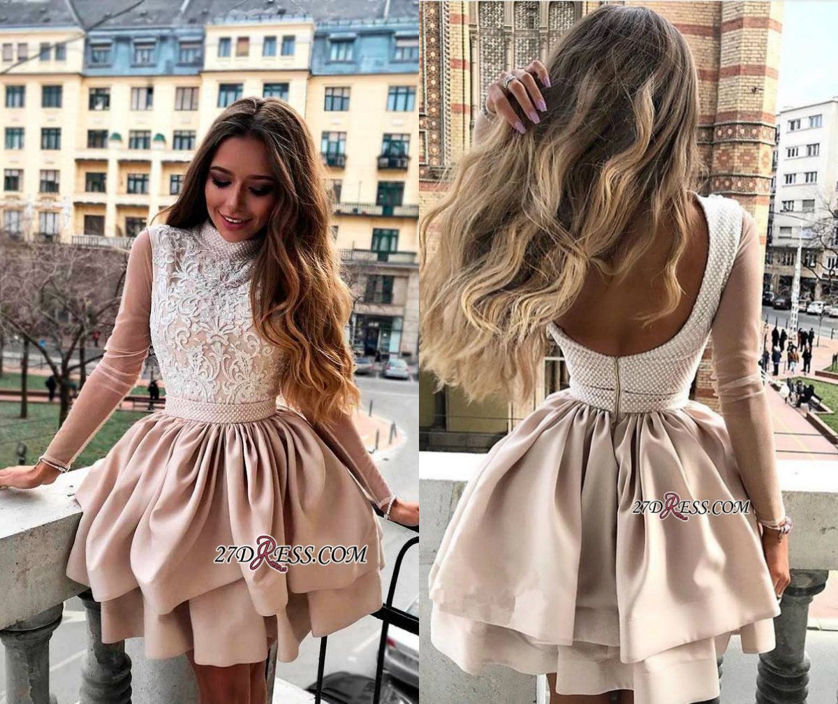 Charming Dresses High Neck Lace Long Sleeve Short Party