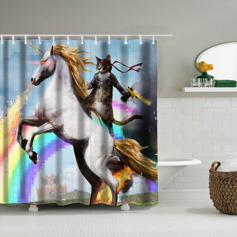 Home Decor Cat Riding On Horse Printed Shower Curtains Bath Products