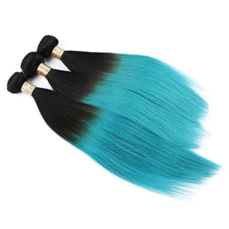 Virgin Peruvian Ombre Teal Green Human Hair Weave Bundles Two Tone
