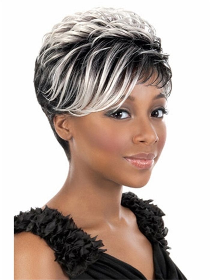 Black Gray Short Hair Wig With Side Bang Heat Resistant Fiber