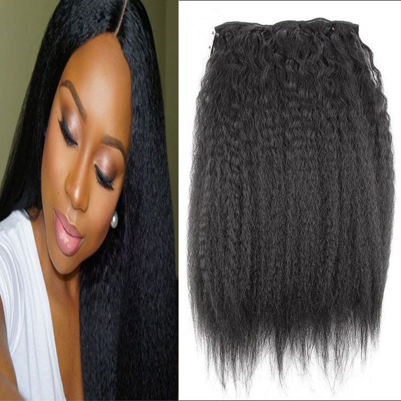 Kinky Straight Clips In Brazilian Human Hair Extensions 120g Coarse