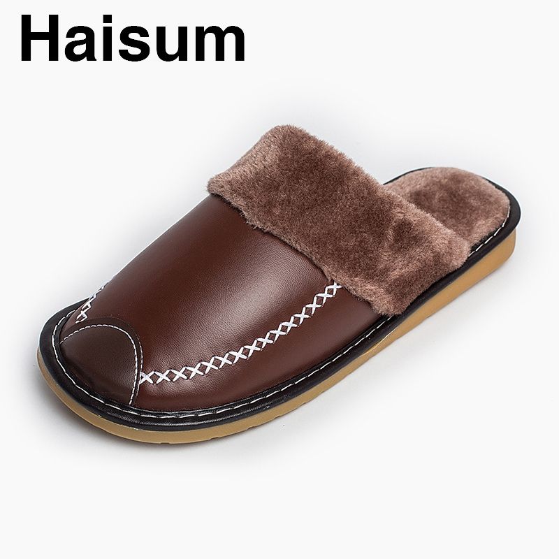 2017haisum Men S Indoor Pu Slippers Cross Suture Splicing Leather Soft Plush Lining Warm House Slippers H 8831 Acorn Slippers Ballet Slippers From