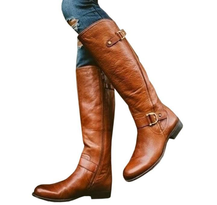 Cuero de la mujer rodilla alta botas de montar cuadrados sapato feminino zapatos de mujer