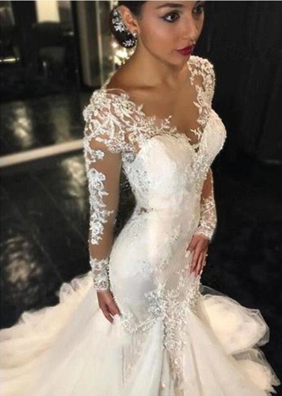 Evasé Manga Larga Escote en U Cola de Corte Real Cristales Tul Vestidos de  Novia - Hebeos.es