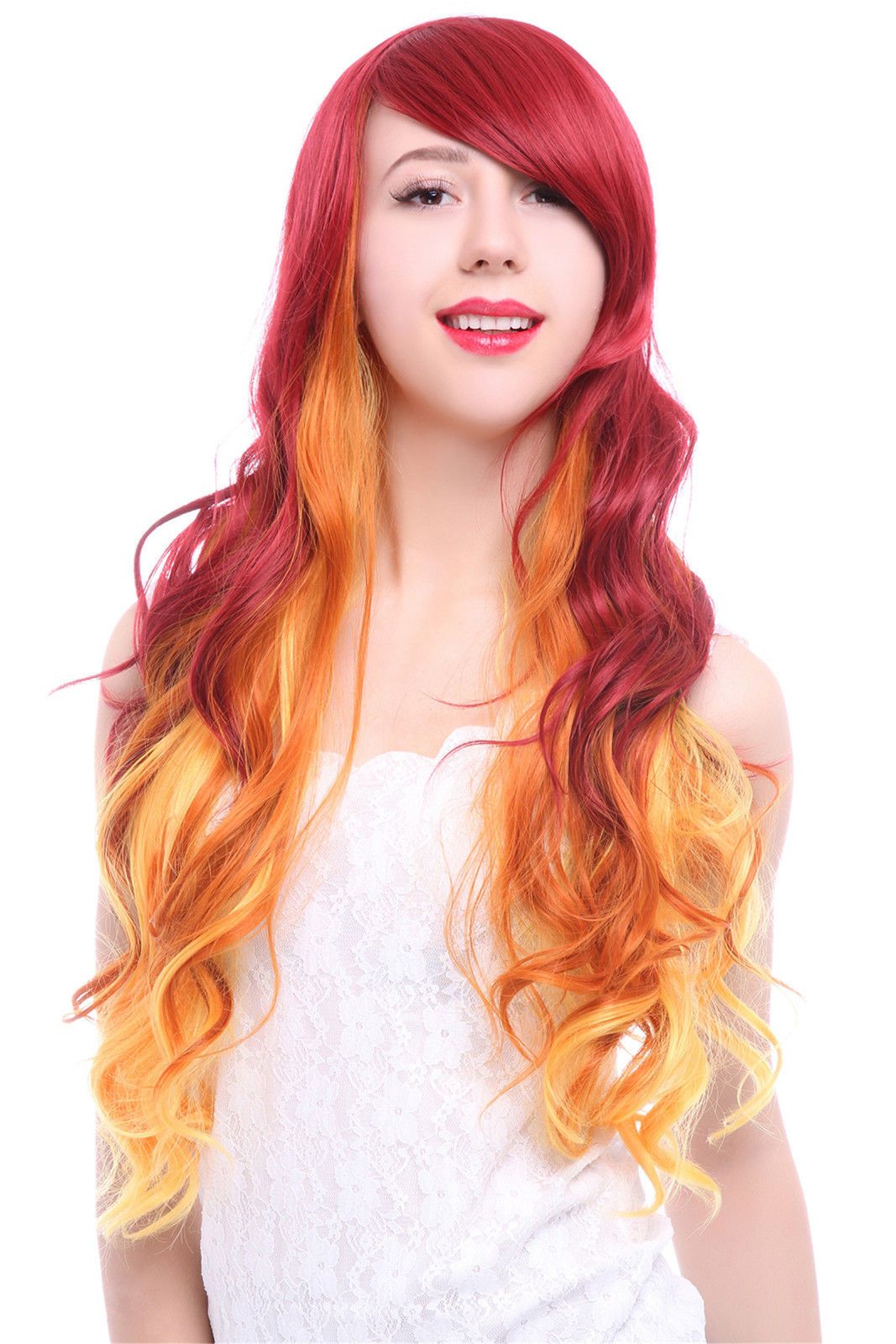 Starfire Cosplay Wig Women Long Wavy Wave Curly Wigs Fire Orange Red Ombre  Hair
