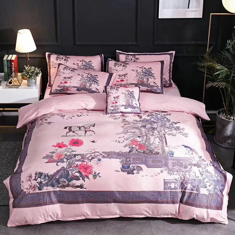 Pink Scenery With Horse Bedding Suit Pop Design Trees Birds And