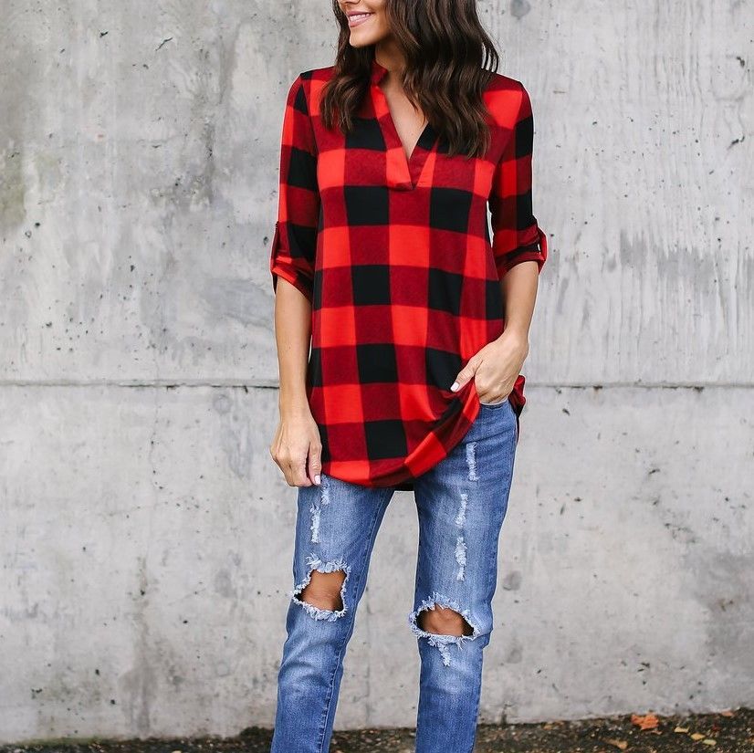 red and black plaid shirt womens outfit