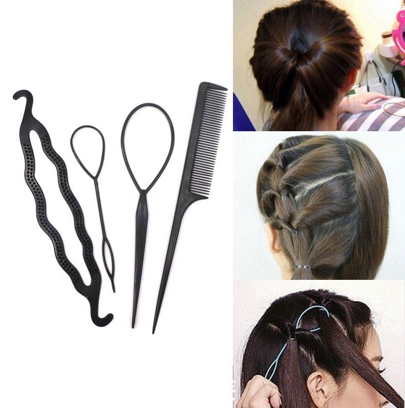 4pc/set Women Magic Hair Twist Braid Tool Styling Clip Stick Bun Maker  Braid Comb Tool Hair Curler Hairpin Flower Head