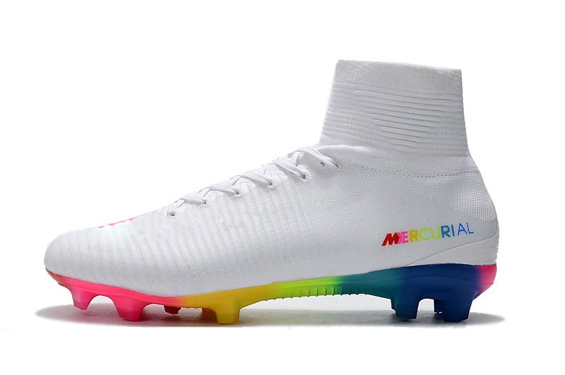 white and rainbow football boots