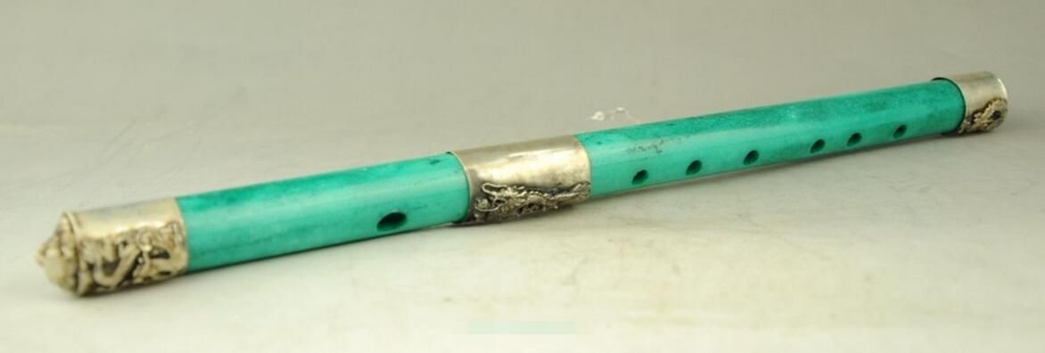 Chinese old handwork Tibet-Silver Carved Dragon Phoenix antique Jade Flute