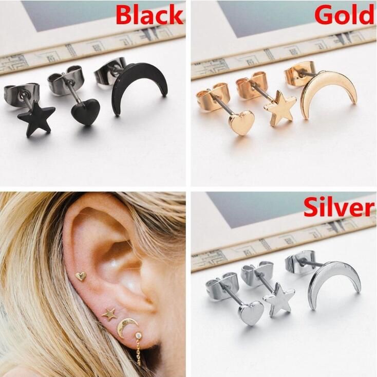 3pcs Cute Moon Star Heart Ear Stud Earrings Women's Tiny Jewelry Fashion Gifts~ 