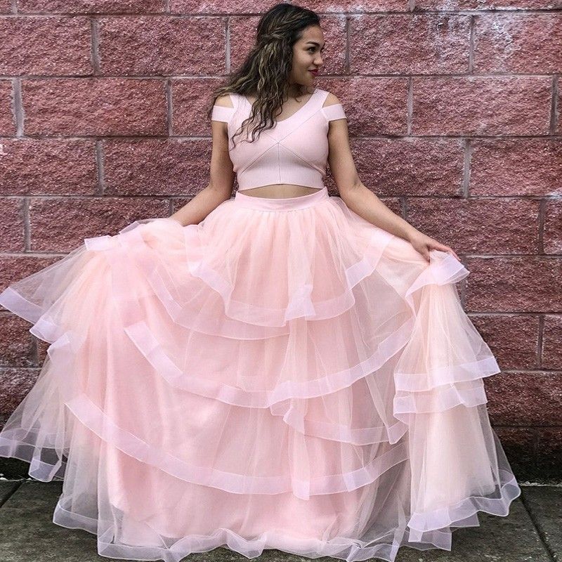 Pink Long Prom Dress Ruched Tulle 