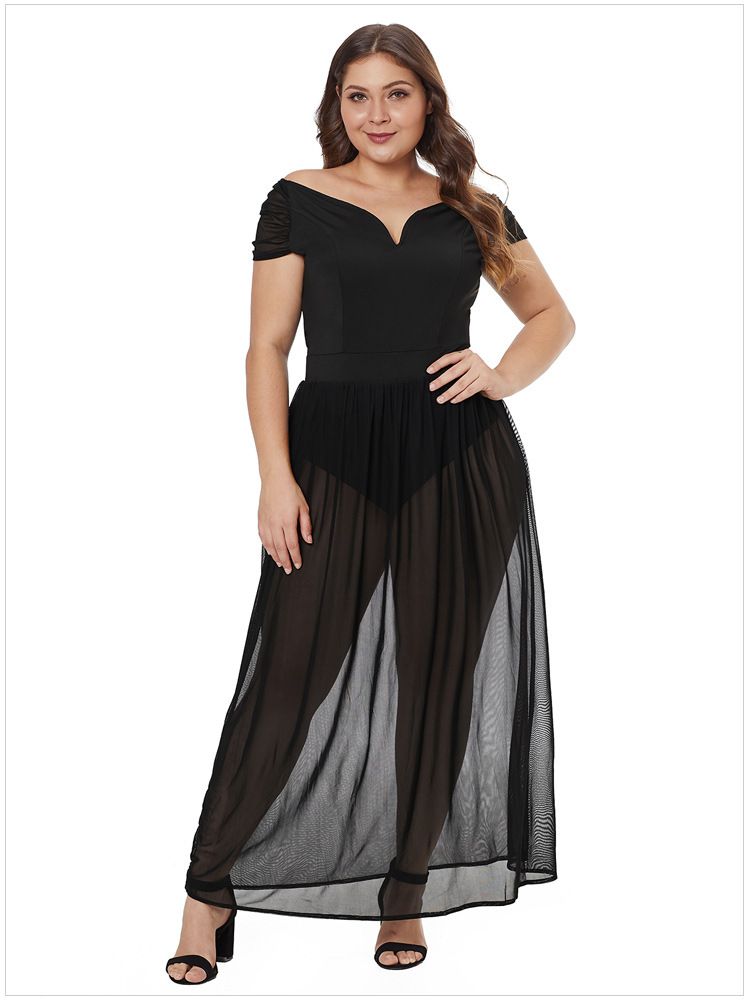 Envío gratis ropa de las mujeres de moda de malla de empalme sin tirantes de manga corta de cintura alta hebilla aprieta el tamaño de código vestido de las mujeres gordas vestidos Envío gratis ropa de las mujeres de moda de malla de empalme sin tirantes de manga corta de cintura alta hebilla aprieta el tamaño de código vestido de las mujeres gordas vestidos