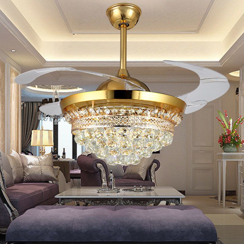 Gold 42" Crystal Chandelier Remote Control LED Invisible Ceiling Fan Lamp New 