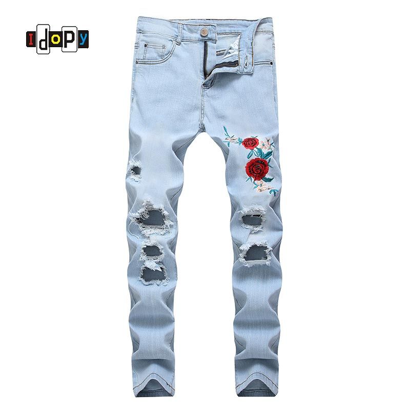 2021 Fashion Mens Ripped Jeans Floral Embroidery Straight Fit Lightblue ...