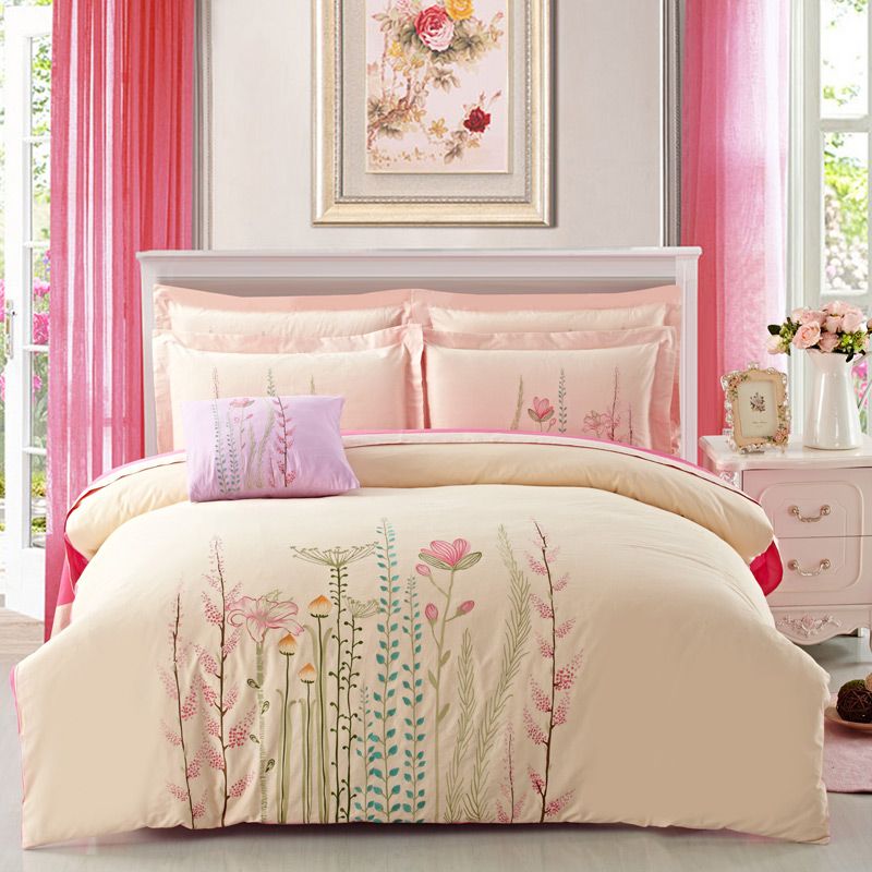 Embroidery Plants 60s 133x72 High Quality 100 Cotton Bedding Set Cream Purple Pink Wired Red Romantic Colors Bed Clothes B6448 Nursery Bedding Duvet