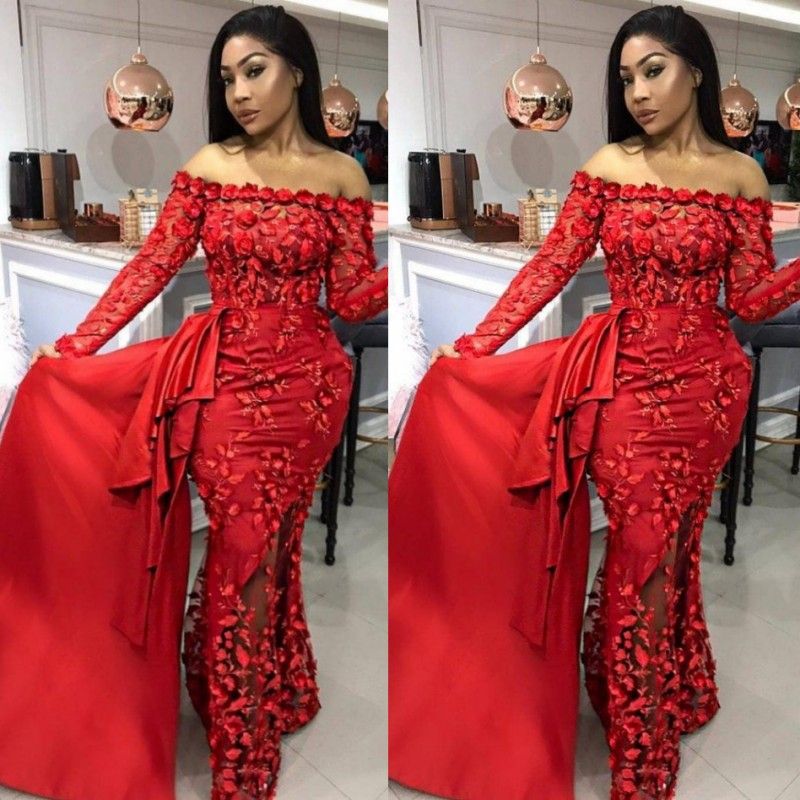 red off the shoulder long sleeve prom dress