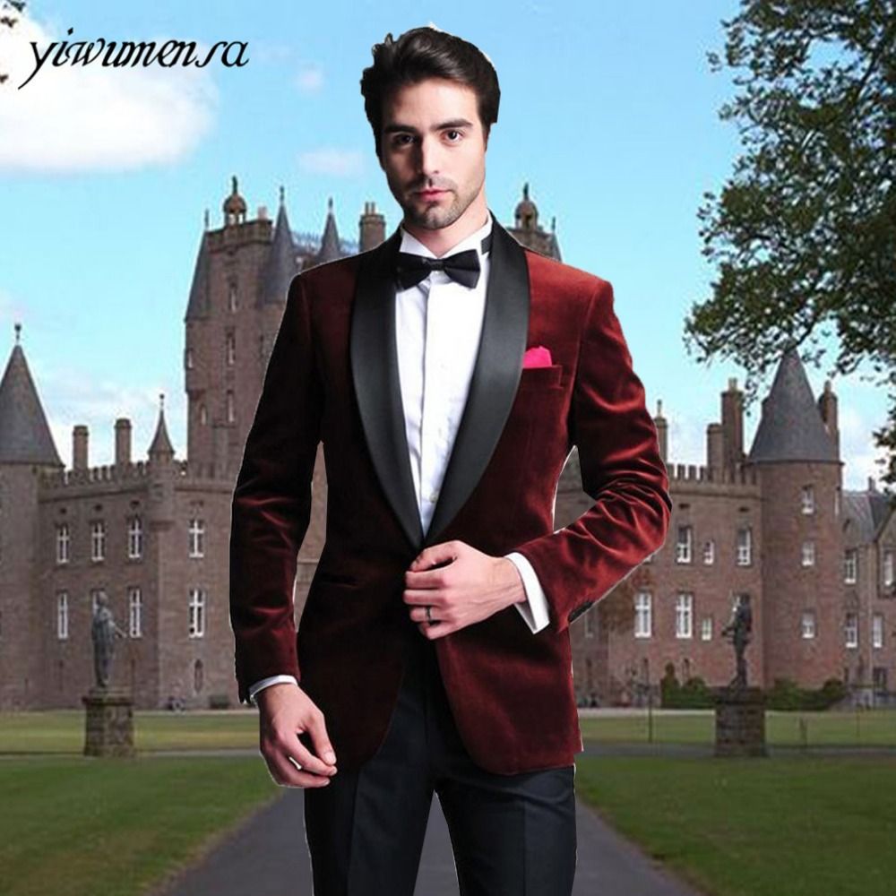 2020 Yiwumensa Wine Red Two Pieces Men Suit Black Pants Costume