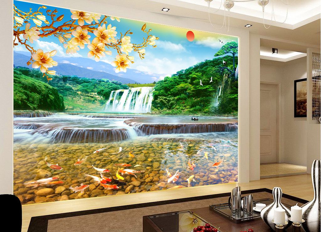 Customized Retail Chinese Style Water And Wealth Fengshui Landscape  Waterfall Wall Alpine Water Red Goldfish Mural