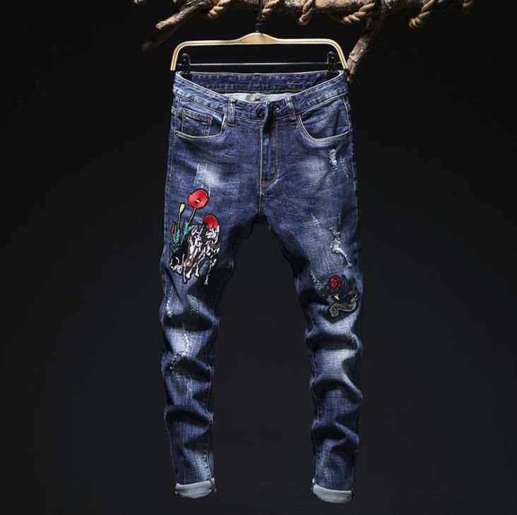Compra Agujero De Los Hombres Pantalones Vaqueros Elásticos Bordados Rectos  Pantalones Rectos Con Remiendos De Flor Rosa Pantalones De Mezclilla Casual  Clásico Vaqueros Hombre Joven Azul # 7748 Barato | Entrega Rápida