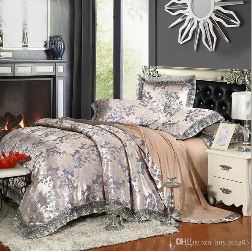 2018 New Gold Silver Coffee Luxury Bedding Sets Queen King Size Stain Bed Set 4 Cotton Silk Lace Duvet Cover Sets Bedsheet Home Textile Bedding Duvet