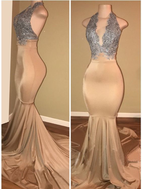 Black girl in nude dress Prom Dresses 2019 Modest Nude Silver Formal Evening Party Pageant Mermaid Gowns Hollow Back Black Girl Halter Long Appliqued Lace Cheap From Beautyday 105 83 Dhgate Com