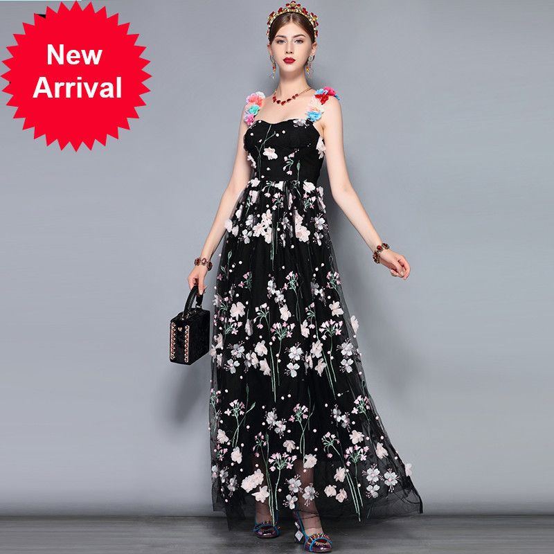 mesh maxi dress with floral embroidery
