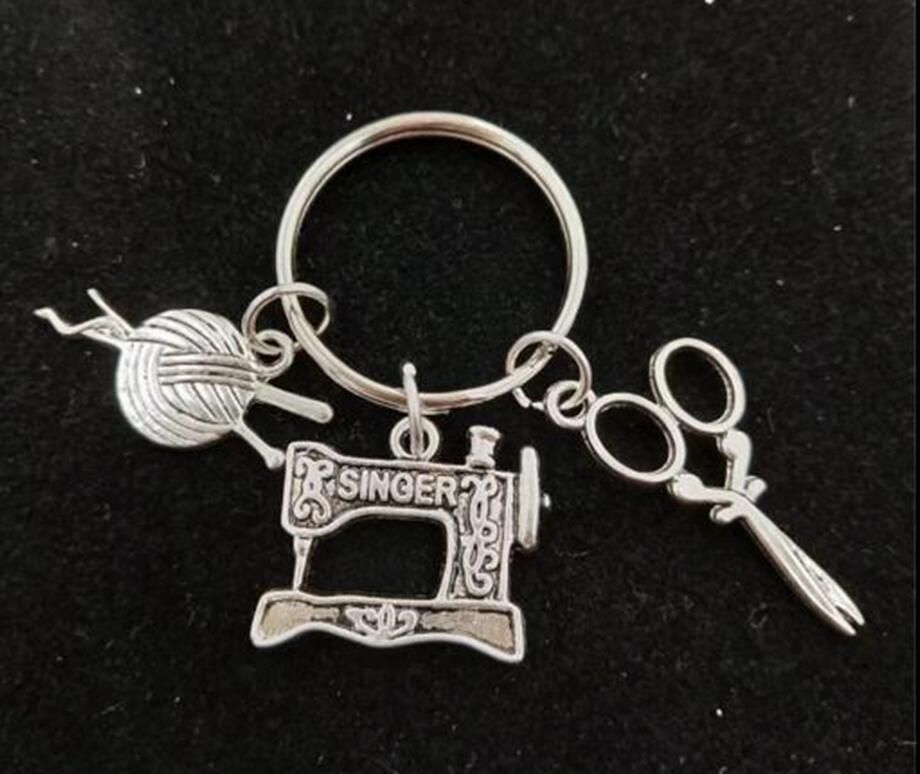 Love Sewing Singer Machine Iron Scissor Silver Charms Pendants Keychain Gift