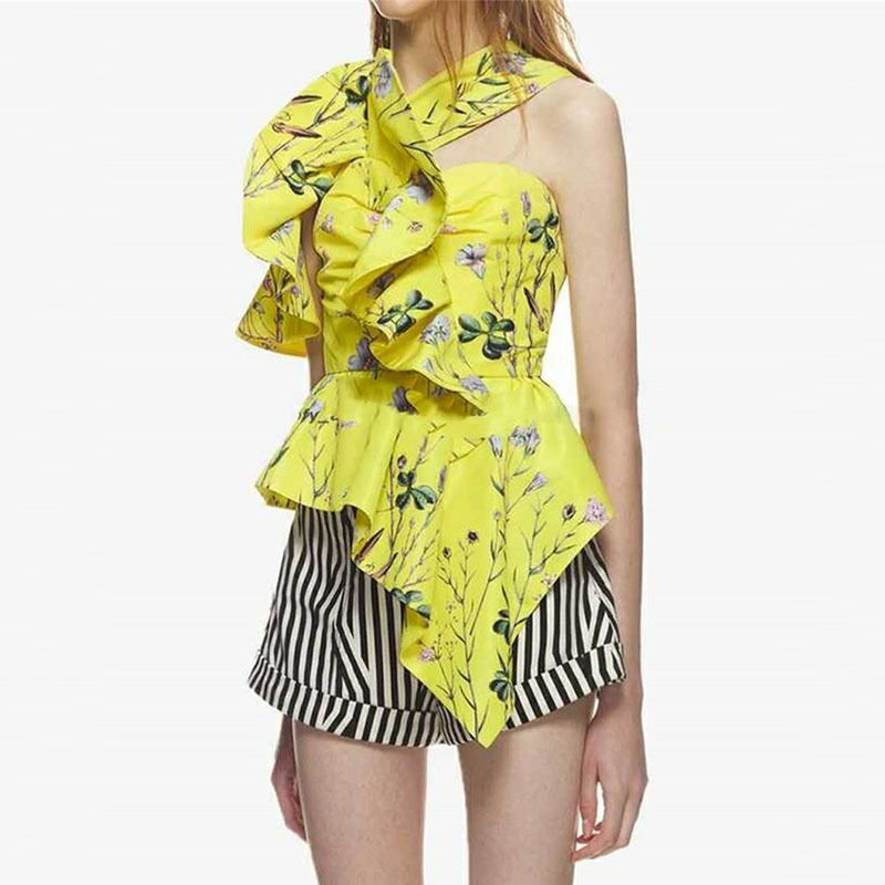 Compra TWOTWINSTYLE Moda Impreso Camisa De La Blusa Con Volados Mujer Sin  Mangas Halter Blusas Asimétricas Sexy Tops Mujeres 2018 Verano Nuevo Barato  | Entrega Rápida Y Calidad | Es.Dhgate
