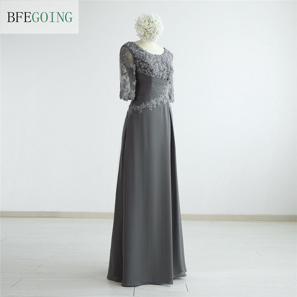 Großhandel Perlen Graue Von Chiffon Bodenlangen Halbarm Abendkleider Tüll Scoop Pailletten Abendkleid Mantel Applikationen Spitze Echte Fotos Plissee 4Lq5jR3A