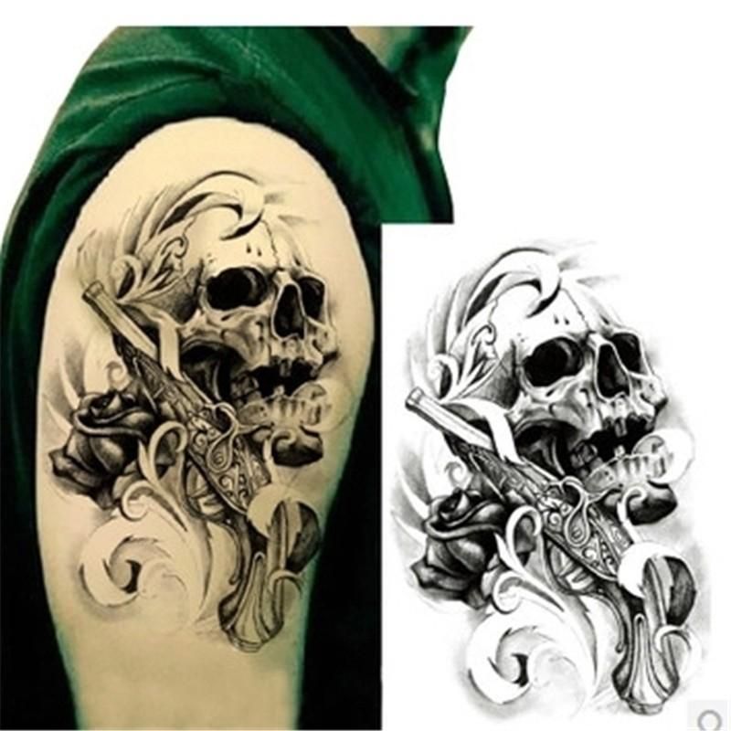 1pcsSexy Black Death Skull Shoulder 3D Tattoo Waterproof Temporary Tattoos  Men Henna Fake Tattoo Sleeve Arm Sticker For Body Art