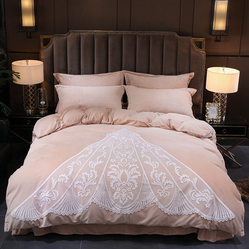 Beige Blue Pink Purple Brown Red Flannel Winter Thick Lace Bedding