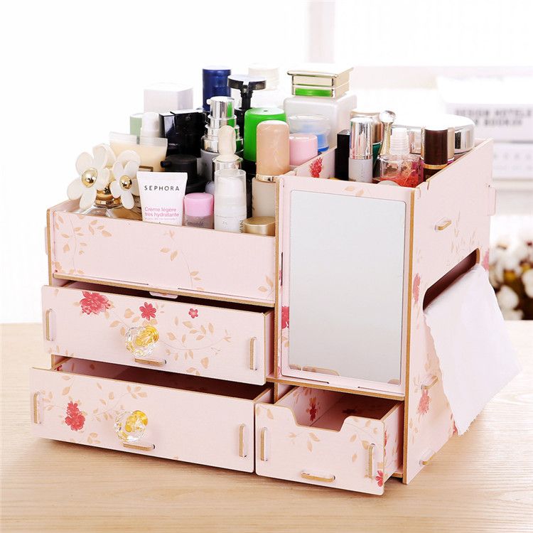Wooden Cosmetics Makeup Storage Tissue Box Wood Organizer Jewelry Case With Mirror Gifts For Lady Girl Boxes Lids Wall From
