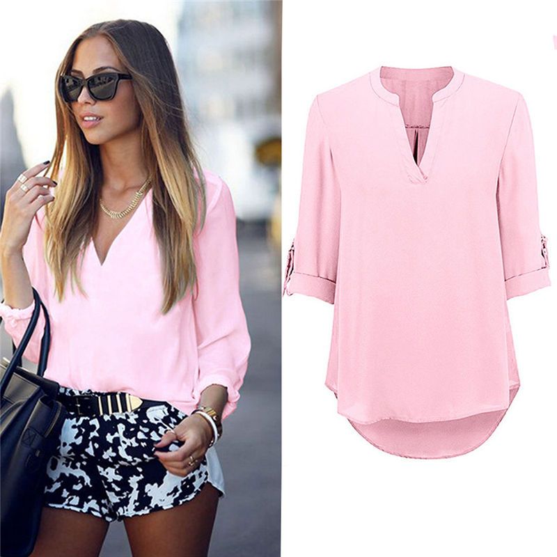 Señoras De Las Mujeres Del Verano Tops Sueltos Camisa De Manga Tres Cuartos Blusa Informal Moda Nuevo Cuello De Gasa De 8,6 € | DHgate