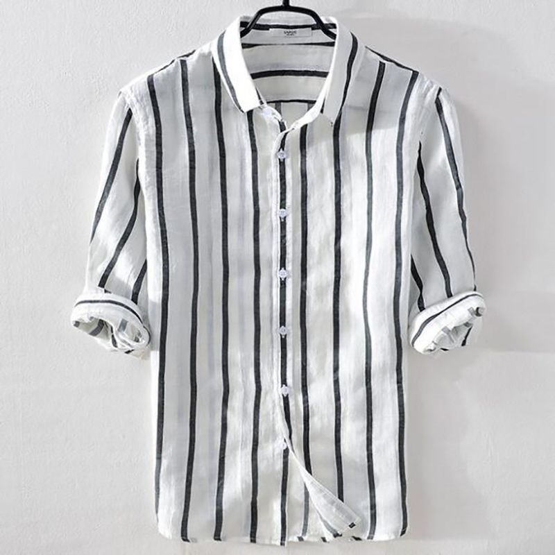 2021 Summer Linen Men Shirt Casual Fashion White Stripes Shirts Men ...